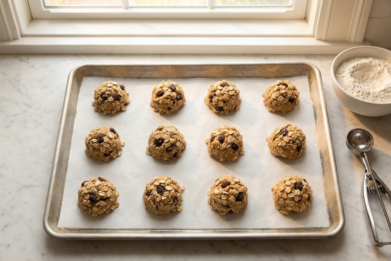 Portions of oatmeal cookie dough spaced on a parchment-lined baking sheet on a kitchen counter