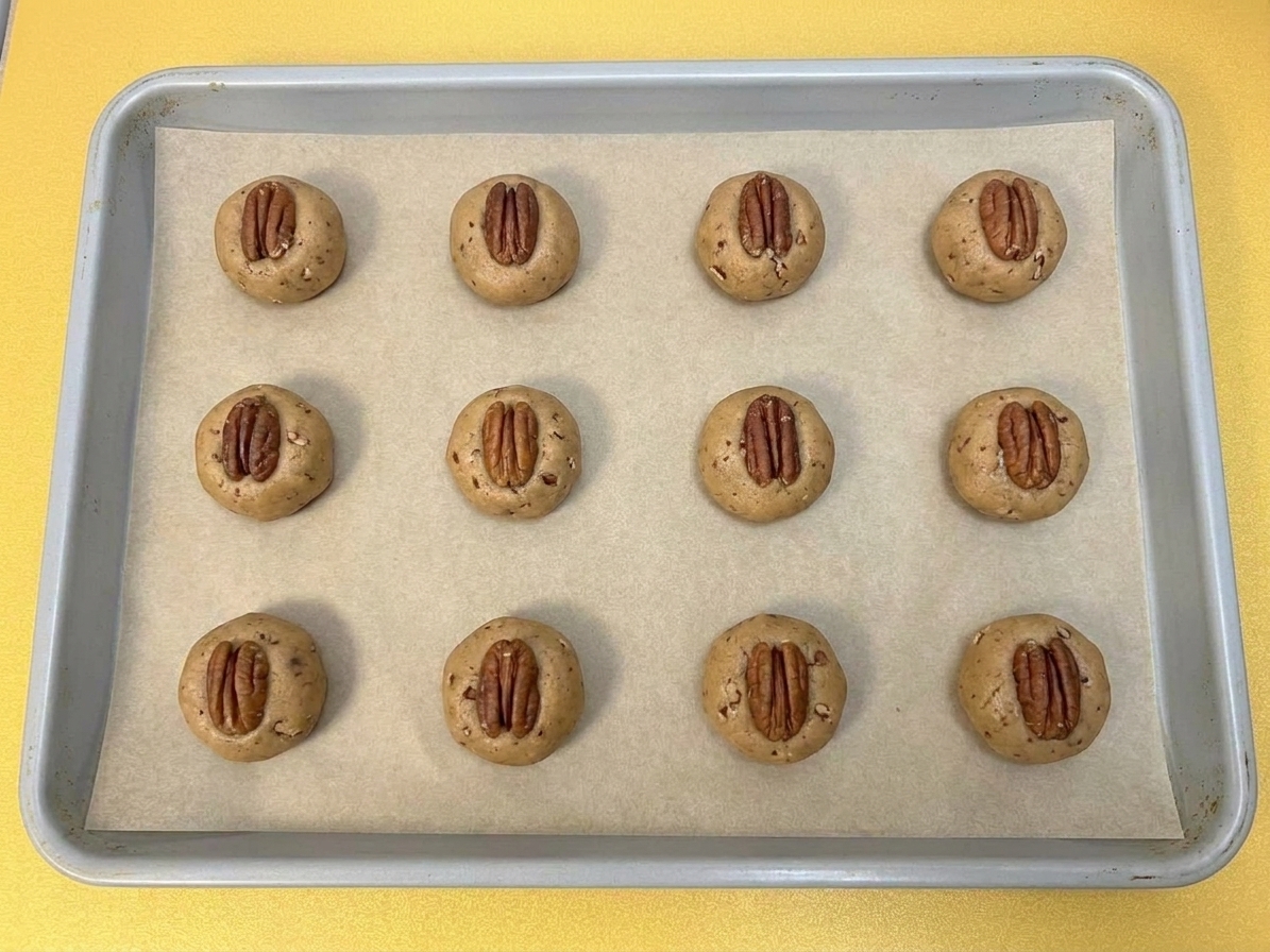 Portions of pecan cookie dough spaced evenly on a parchment-lined baking sheet before baking