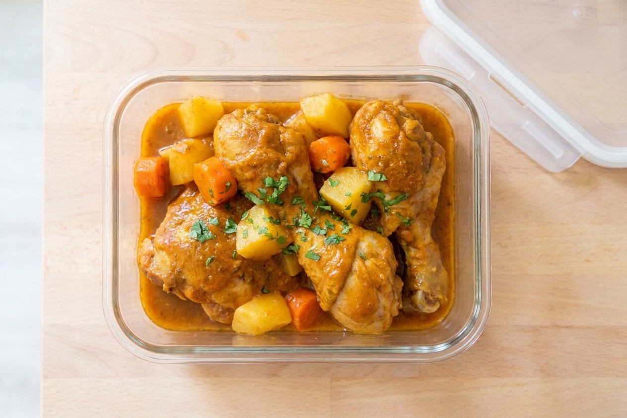 Portions of pollo guisado in a clear airtight meal prep container with sauce coating the chicken and potatoes
