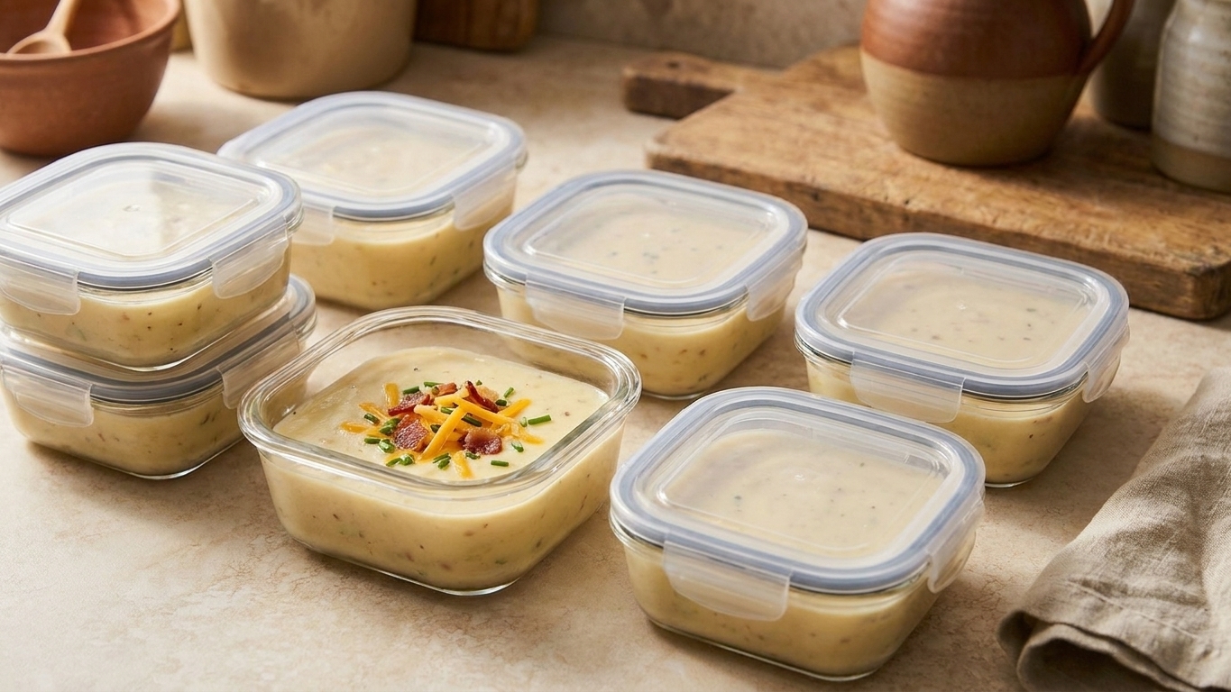 Portions of potato soup in clear airtight containers on a kitchen counter, ready for the refrigerator