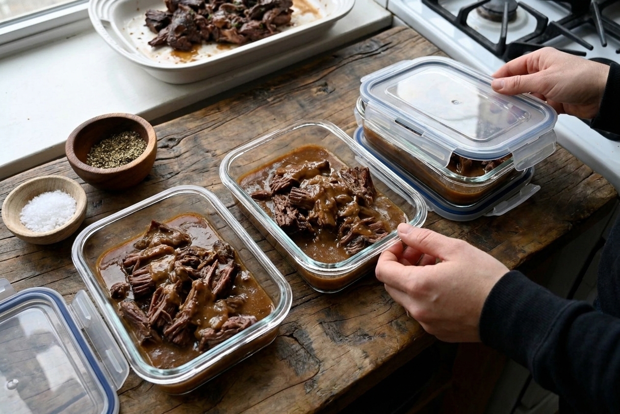 Portions of shredded pot roast with gravy in glass meal prep containers on a kitchen counter, ready to refrigerate
