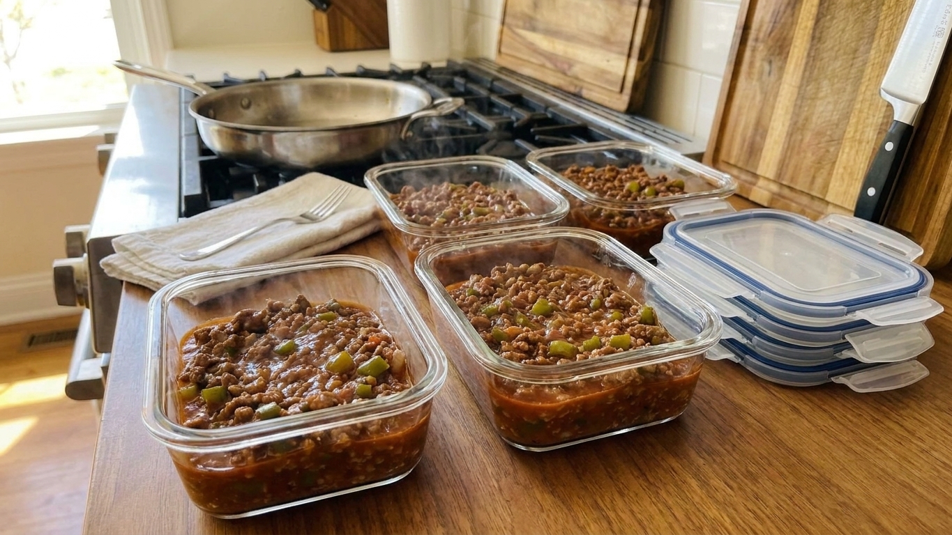 Portions of sloppy joe sauce cooling in glass meal prep containers on a kitchen counter with lids nearby