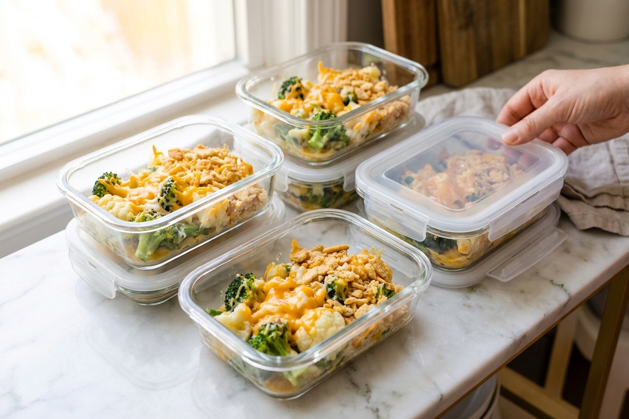 Portions of vegetable casserole stored in clear glass meal prep containers on a kitchen counter