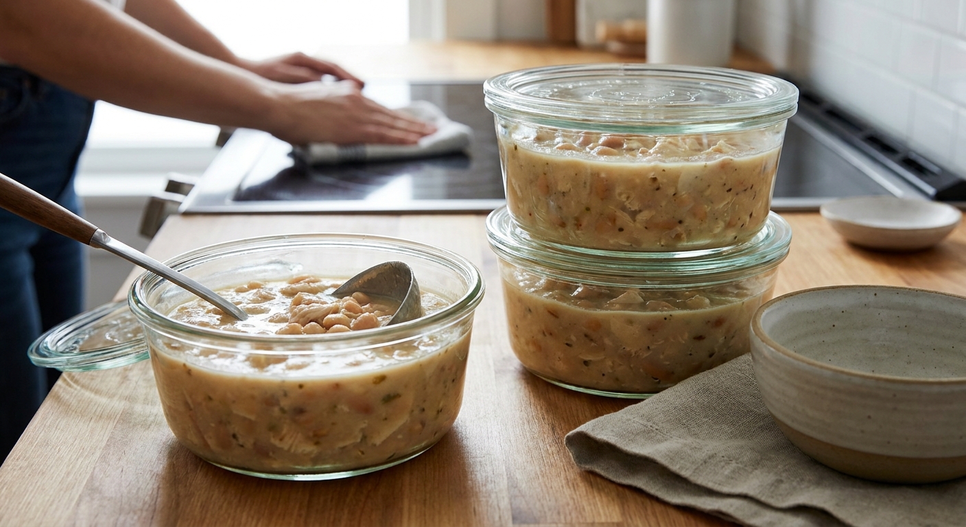 Portions of white chicken chili stored in clear airtight containers on a kitchen counter, one container open showing the creamy chili