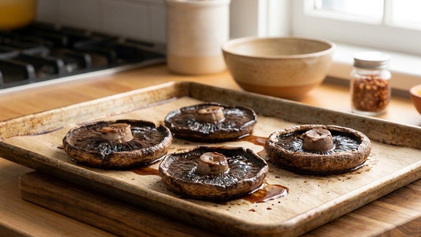 Portobello mushroom caps on a baking sheet just after a short pre-bake, with a little released mushroom liquid visible on the pan