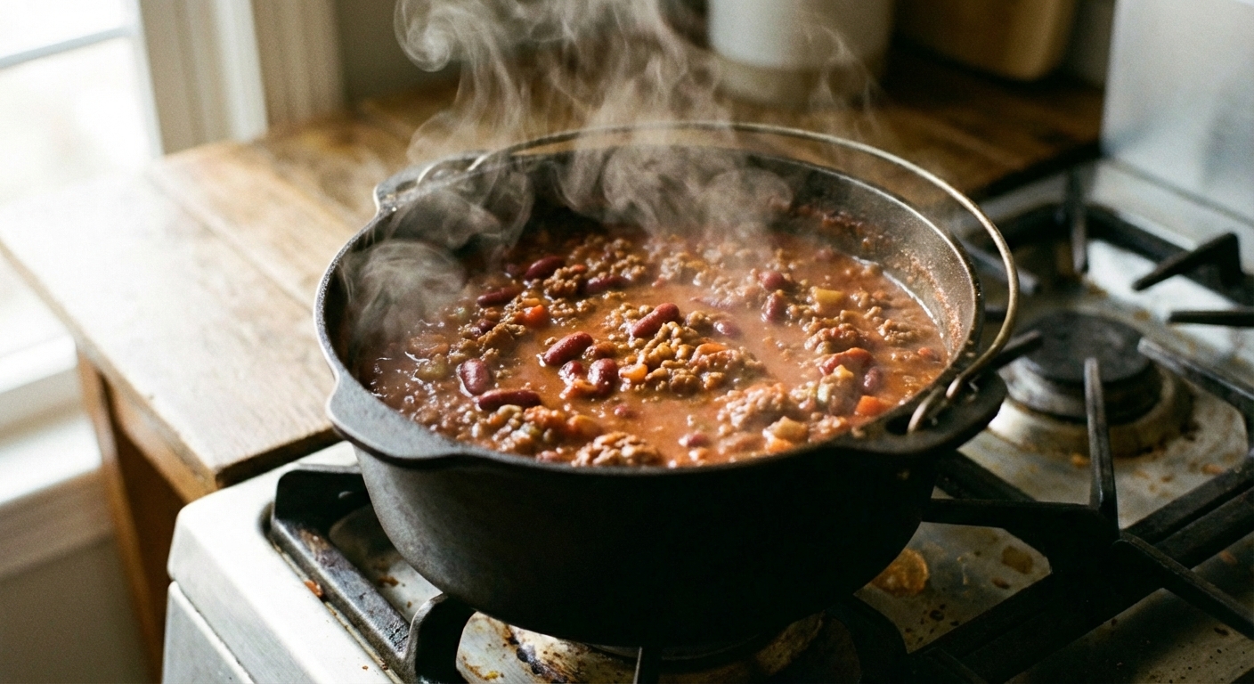 Pot of chili simmering on a stovetop with beans visible and steam rising