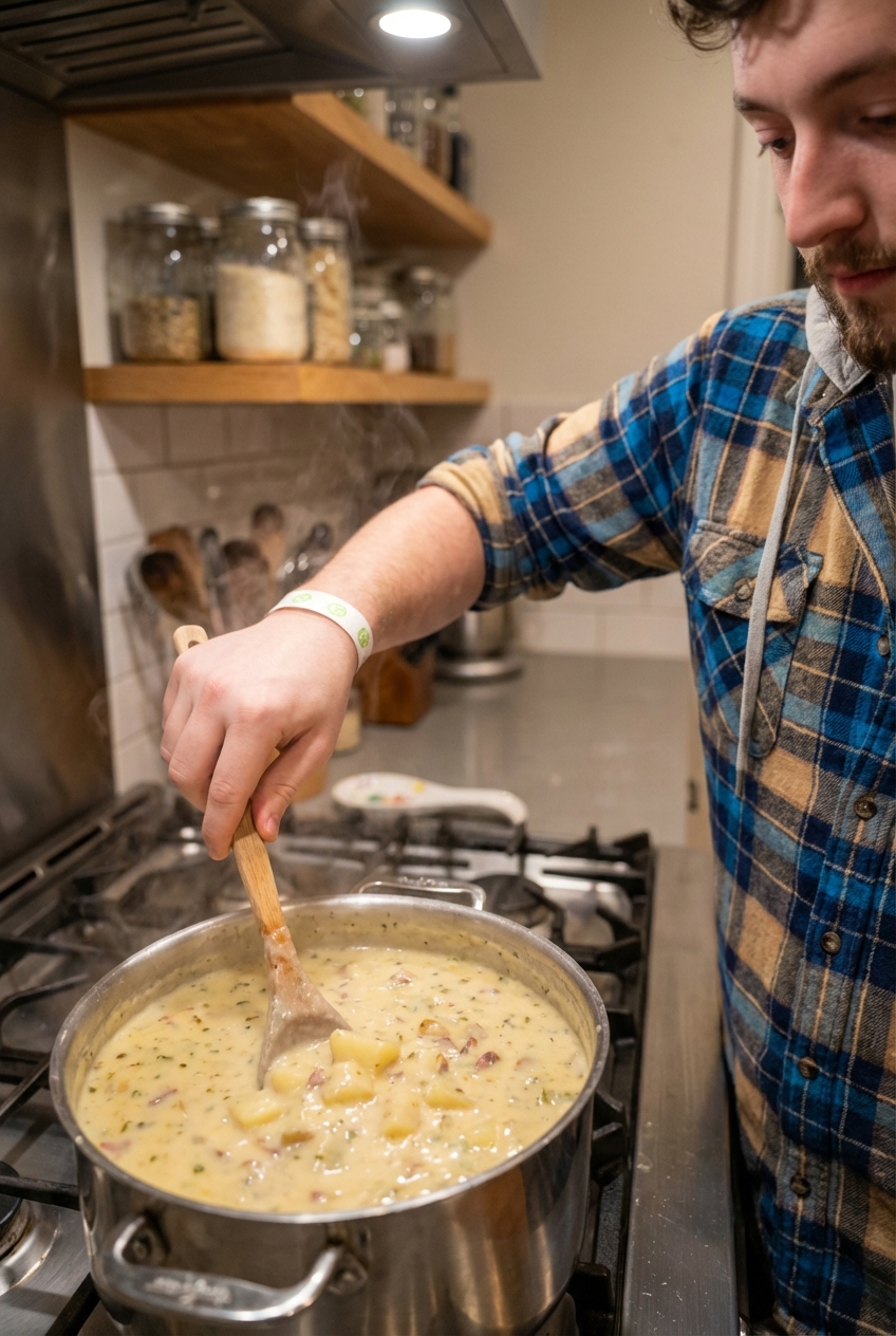 Pot of creamy potato soup being stirred on a stovetop with a wooden spoon