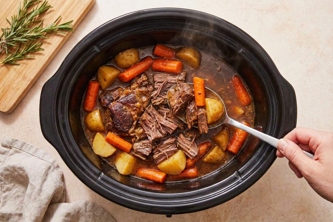 Pot roast with carrots and potatoes in a slow cooker, ready to serve
