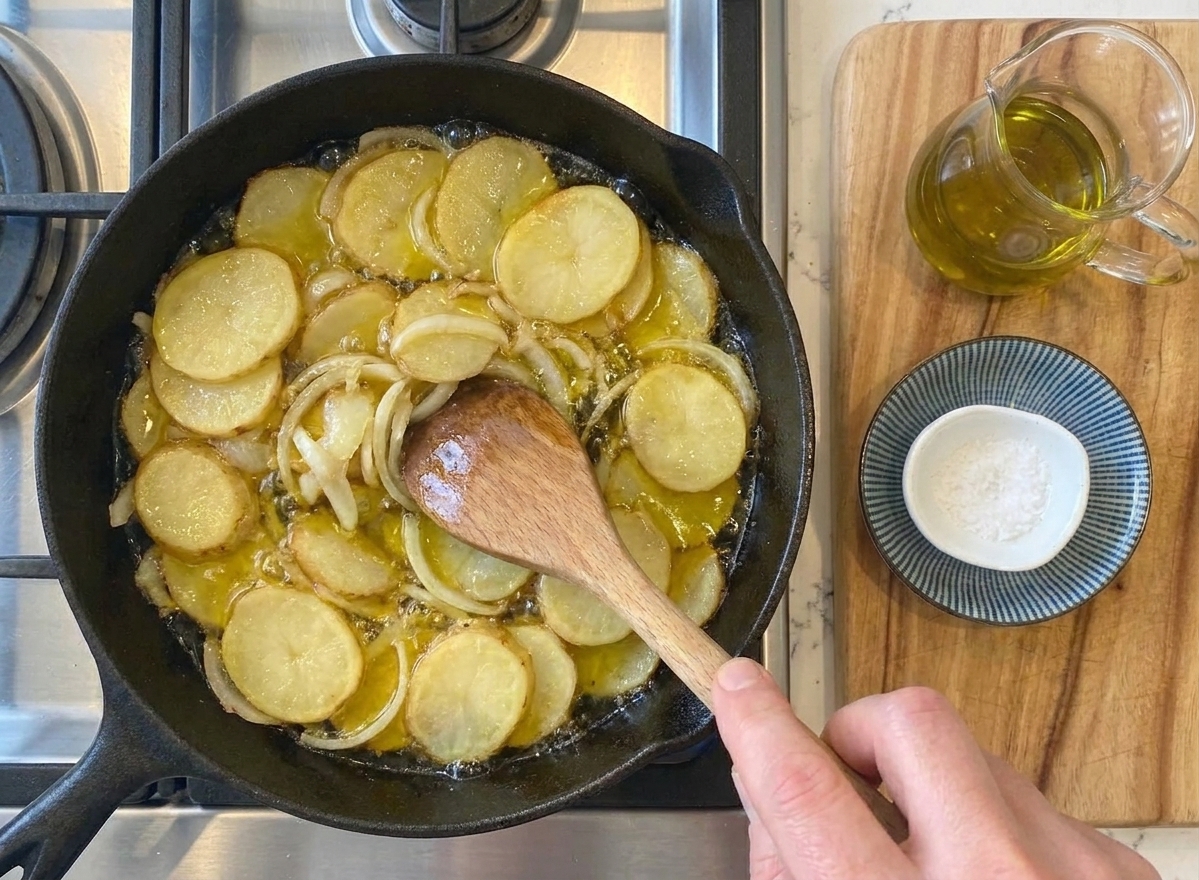 Potato and onion slices gently bubbling in olive oil in a skillet on a stovetop, with a wooden spoon stirring