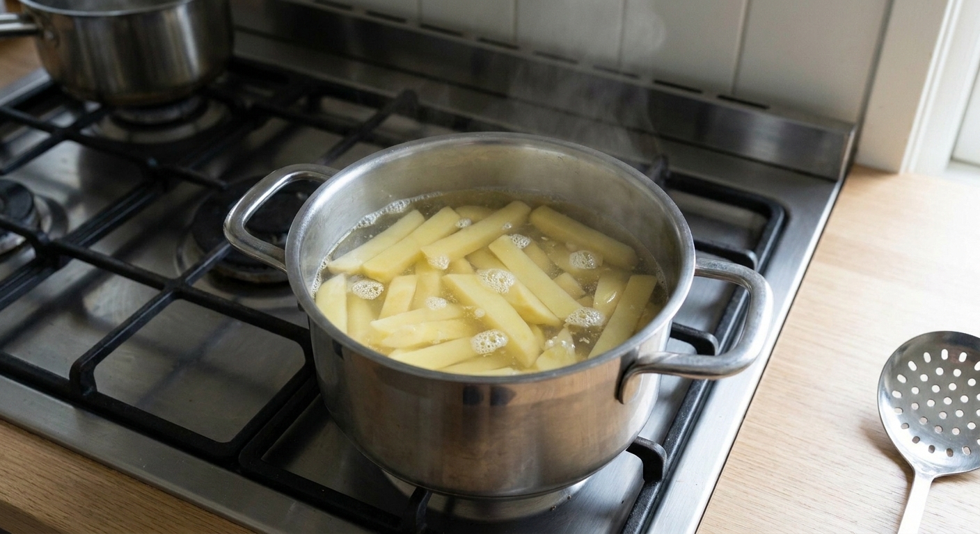 Potato batons simmering in a pot of water on a stovetop during the blanching step