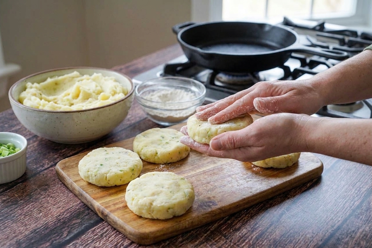Potato cake patties being shaped by hand on a wooden cutting board, ready to fry