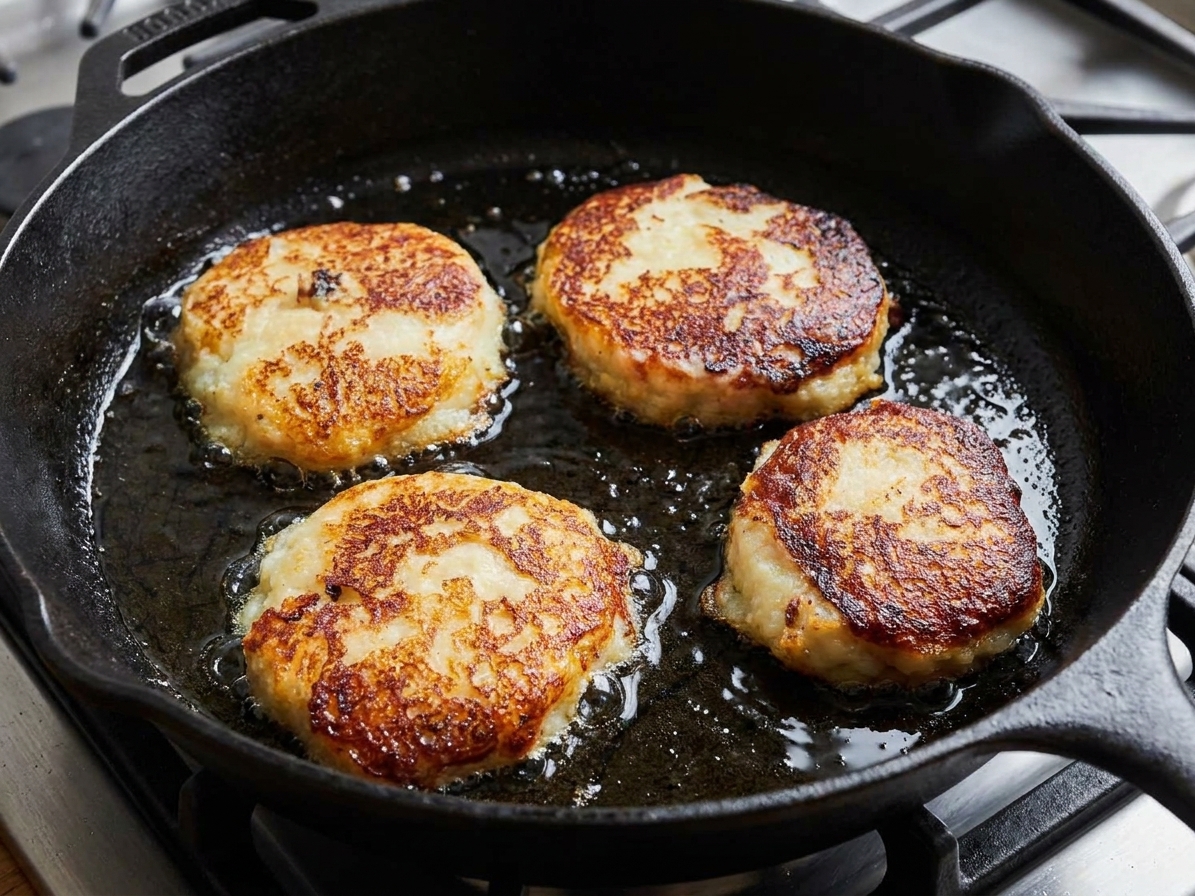 Potato cakes sizzling in a cast iron skillet with oil, turning golden brown around the edges