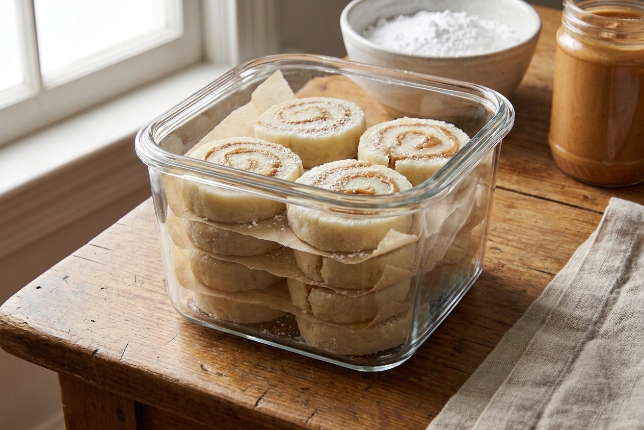 Potato candy pinwheel slices stacked in an airtight container with parchment paper between layers on a kitchen counter