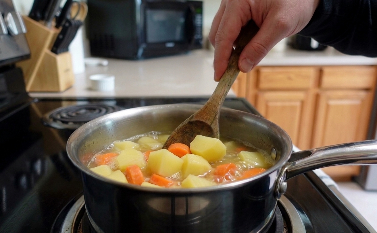 Potato chunks and carrot slices simmering in a small saucepan on a stovetop