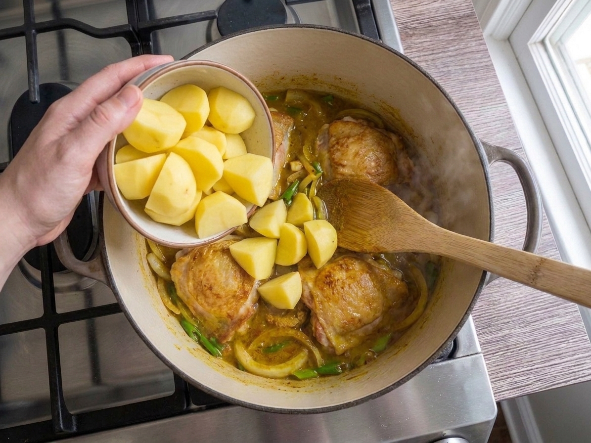 Potato chunks being added into a simmering pot of golden curry sauce with chicken