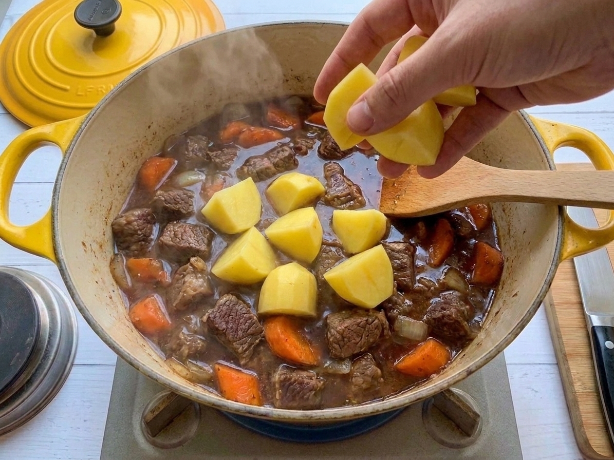 Potato chunks being added to a simmering pot of beef stew on the stovetop