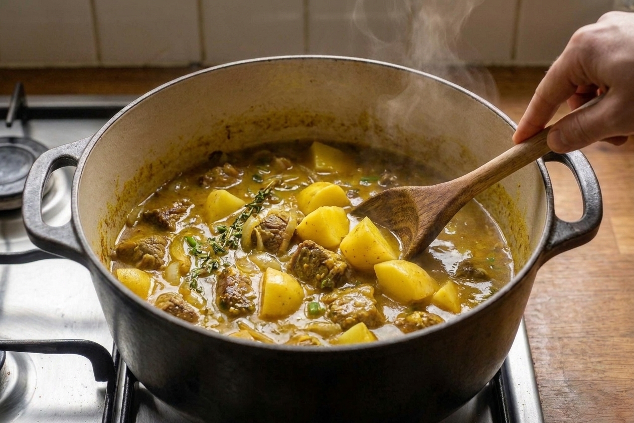 Potato chunks being stirred into a pot of curry goat with golden curry gravy on a stovetop
