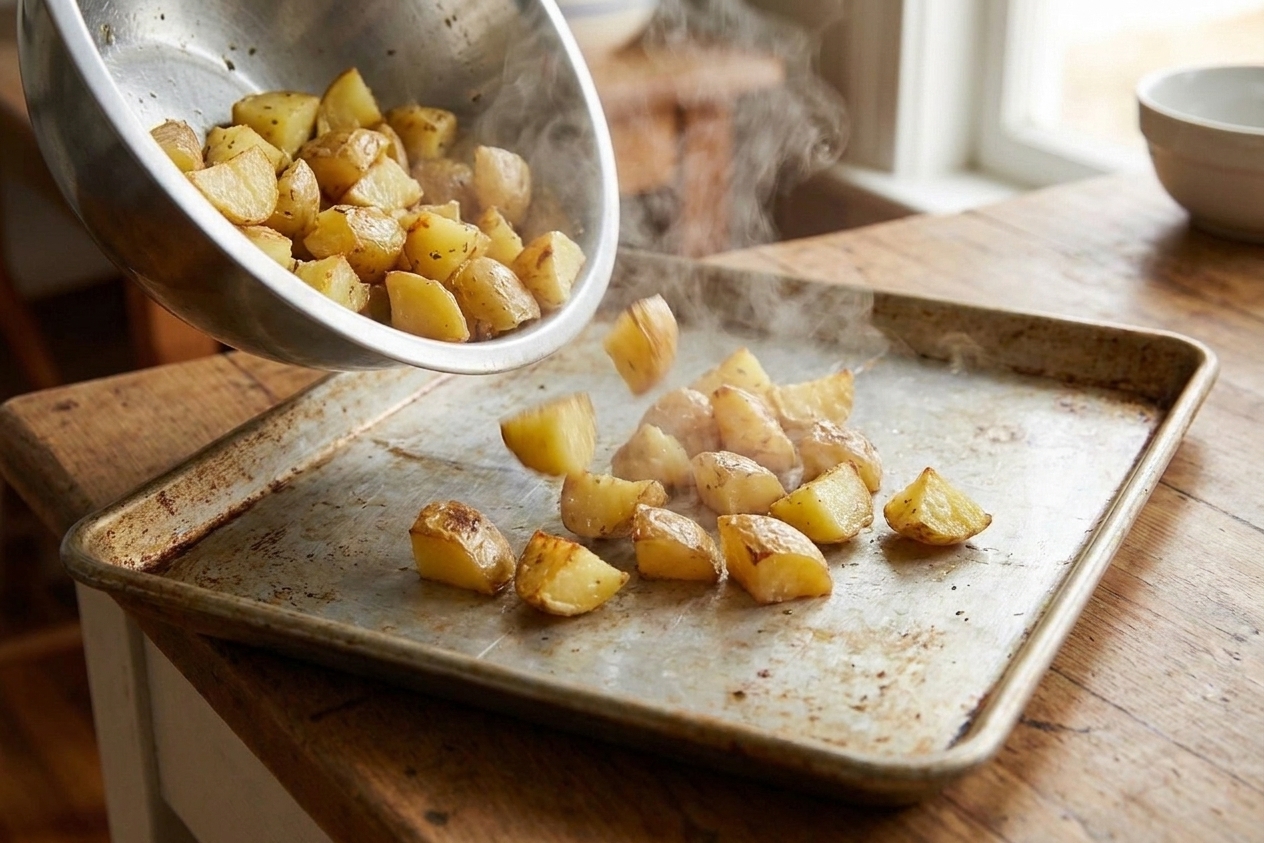 Potato chunks being tipped onto a hot baking sheet, captured mid-pour in a home kitchen