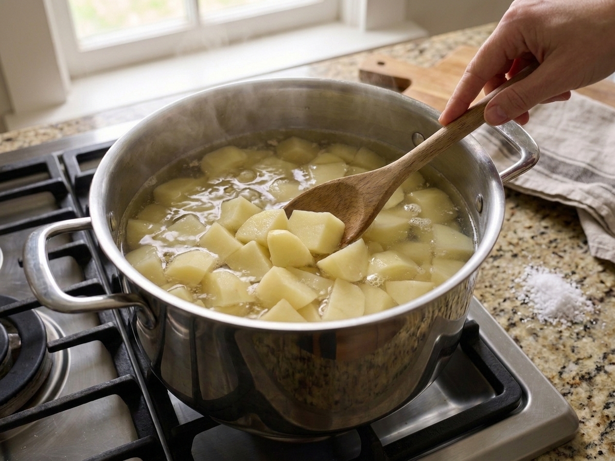 Potato chunks gently simmering in salted water in a stainless steel pot on a stovetop