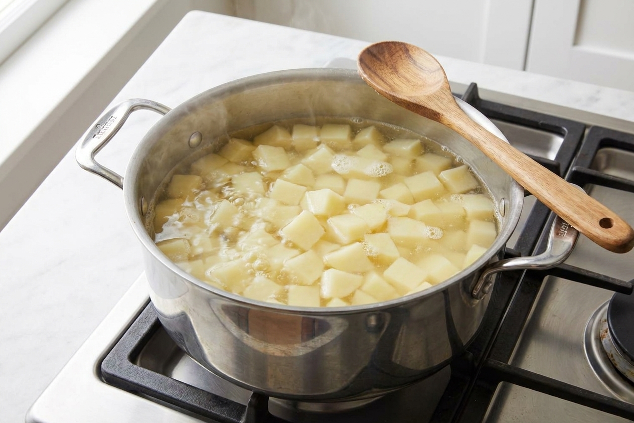 Potato chunks gently simmering in salted water inside a stainless steel pot on a stove