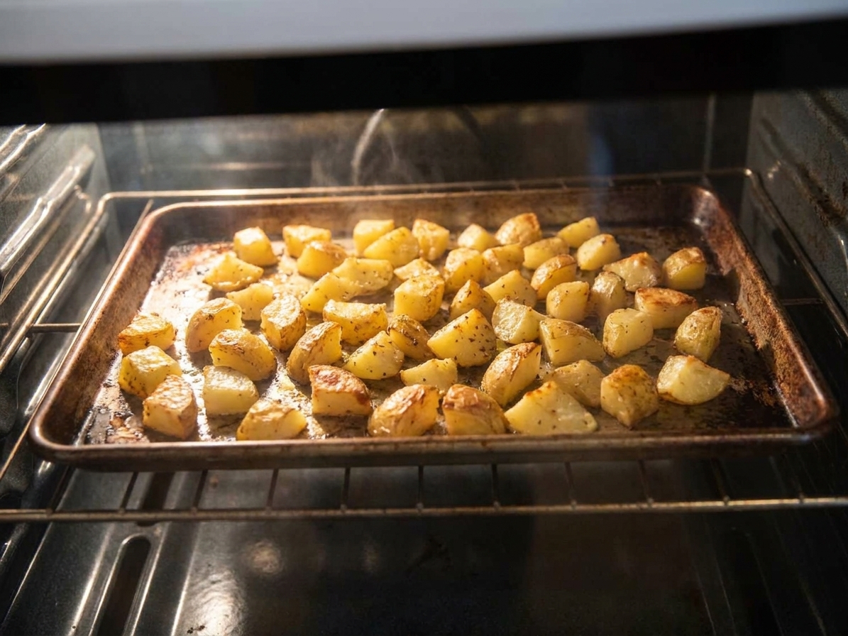 Potato chunks roasting on a rimmed baking sheet in a home oven, turning golden brown at the edges