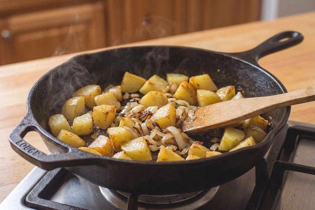 Potato chunks sautéing with onions in a skillet, lightly golden on the surfaces