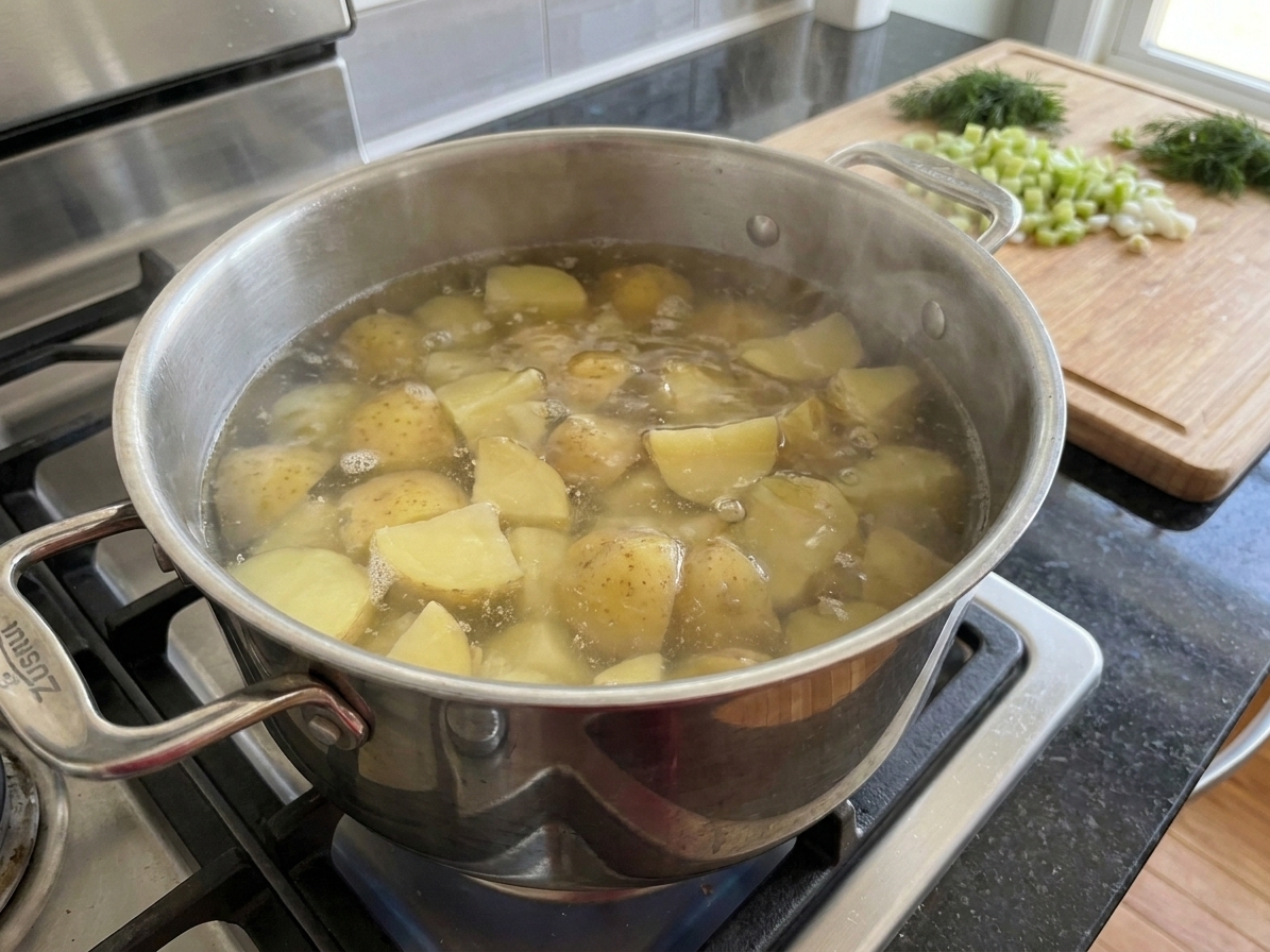 Potato chunks simmering in a large pot of water on a stove with gentle bubbling