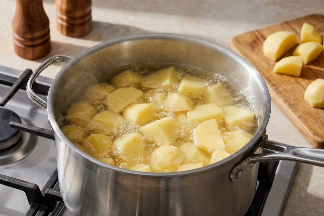 Potato chunks simmering in a large stainless steel pot on a stovetop with gentle bubbling water