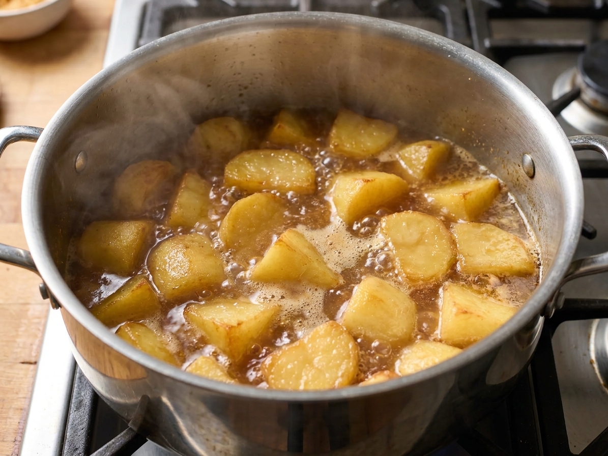 Potato chunks simmering in a large stainless-steel pot on a stovetop, with gentle bubbles breaking the surface