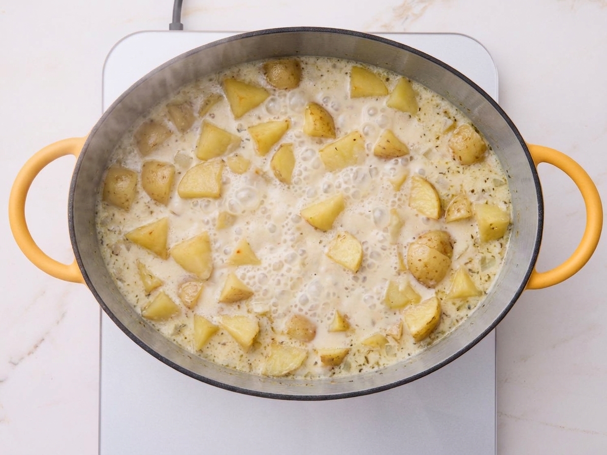 Potato chunks simmering in broth in a Dutch oven with small bubbles breaking the surface