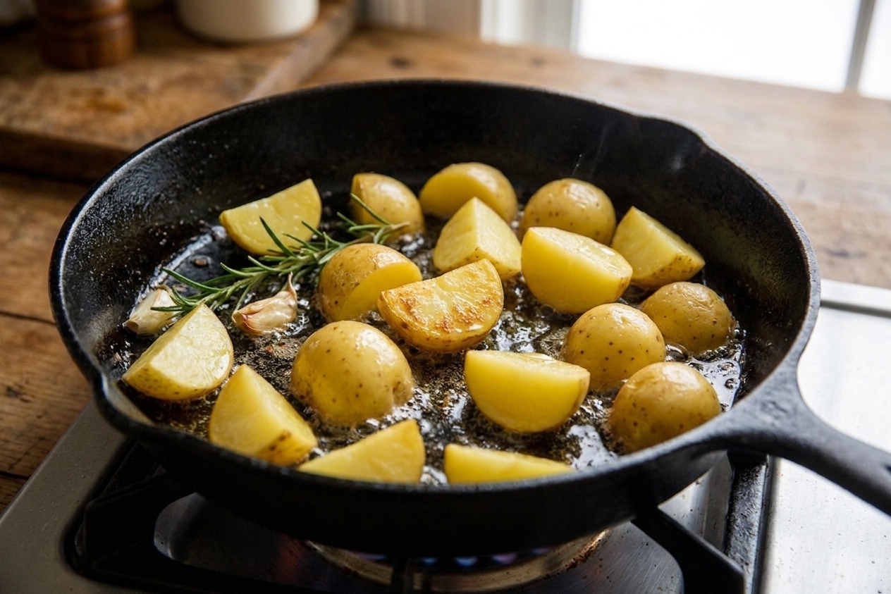 Potato chunks sizzling in a hot cast iron skillet with oil, beginning to brown on the bottom