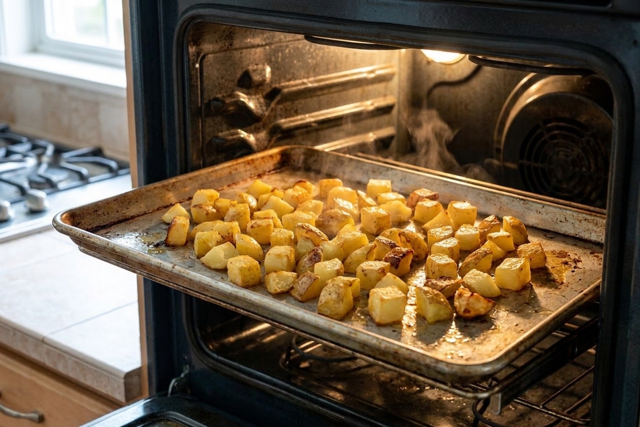 Potato cubes roasting on a hot sheet pan in the oven, edges starting to turn golden and crisp