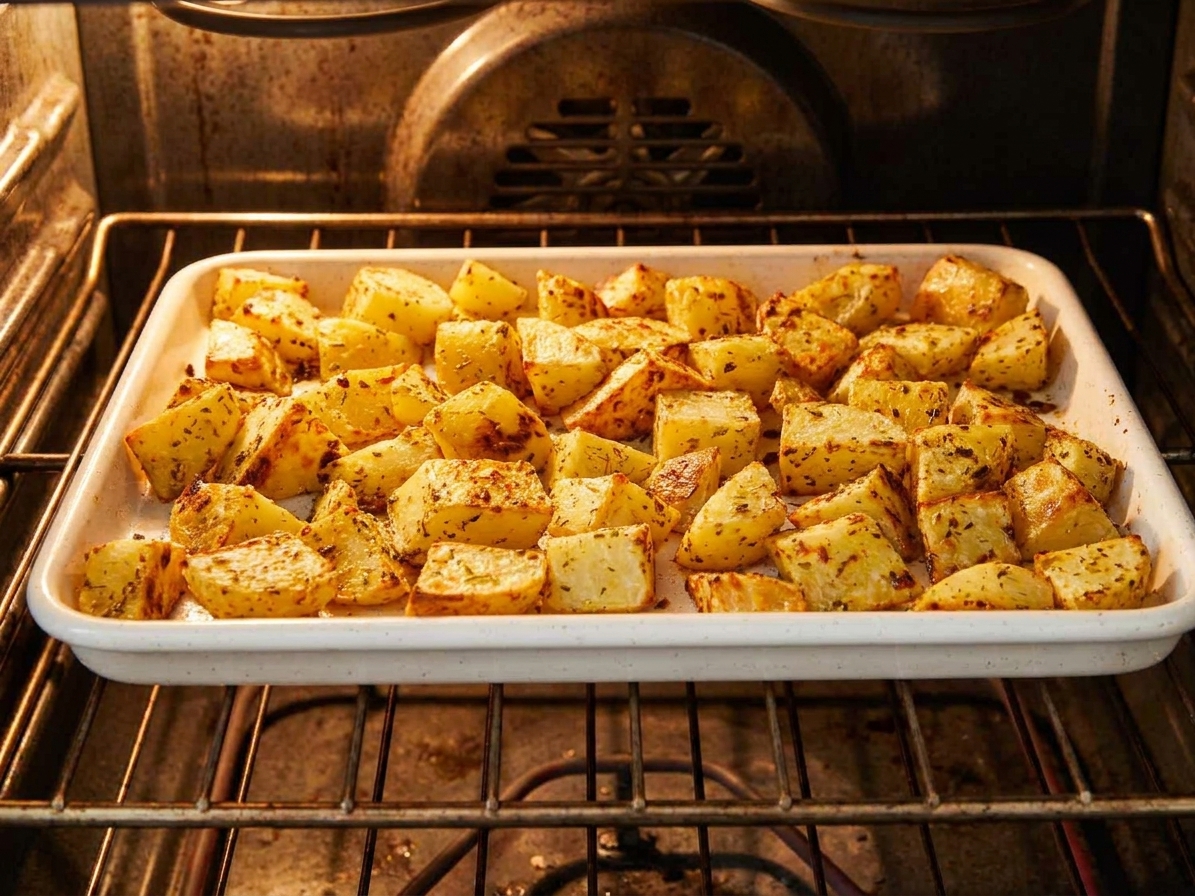 Potato cubes roasting on a sheet pan inside an oven with visible browning around the edges
