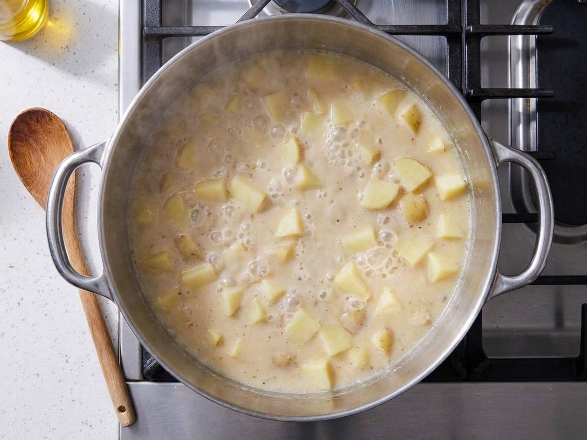 Potato cubes simmering in a pale broth inside a large pot, small bubbles breaking the surface