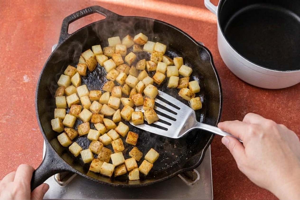 Potato cubes sizzling in a cast iron skillet with lightly browned edges, shot from above on a stovetop