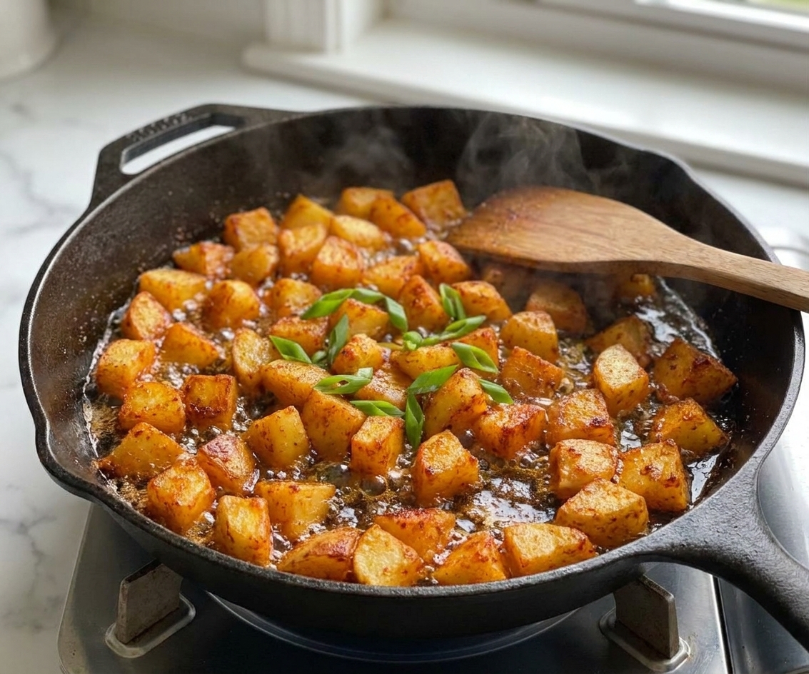 Potato cubes sizzling in a large skillet with bubbling oil, edges turning golden brown on a stovetop