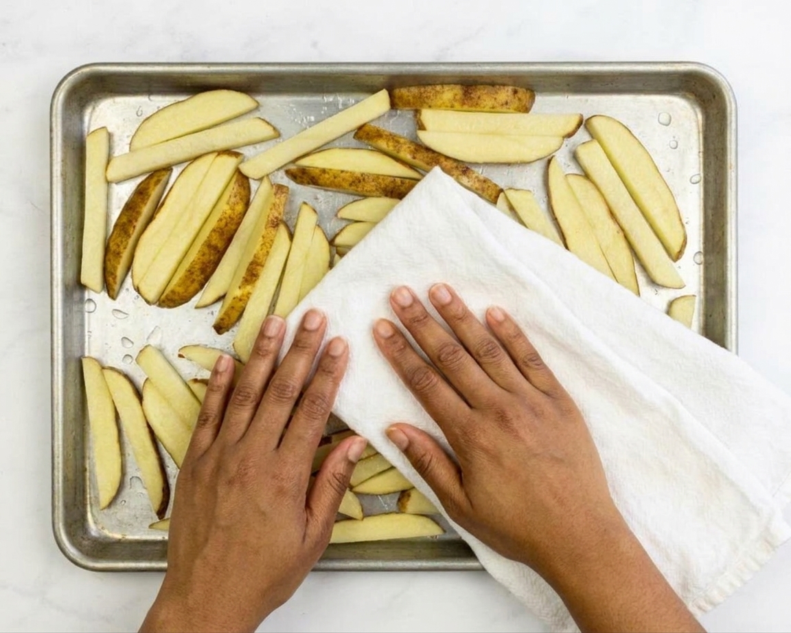 Potato fries being patted dry with a clean kitchen towel on a sheet pan