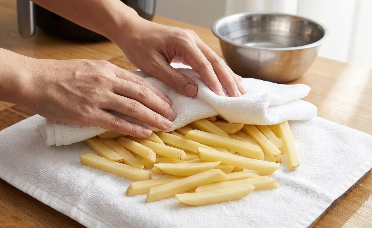 Potato fries spread on a white kitchen towel being patted dry with another towel on a countertop