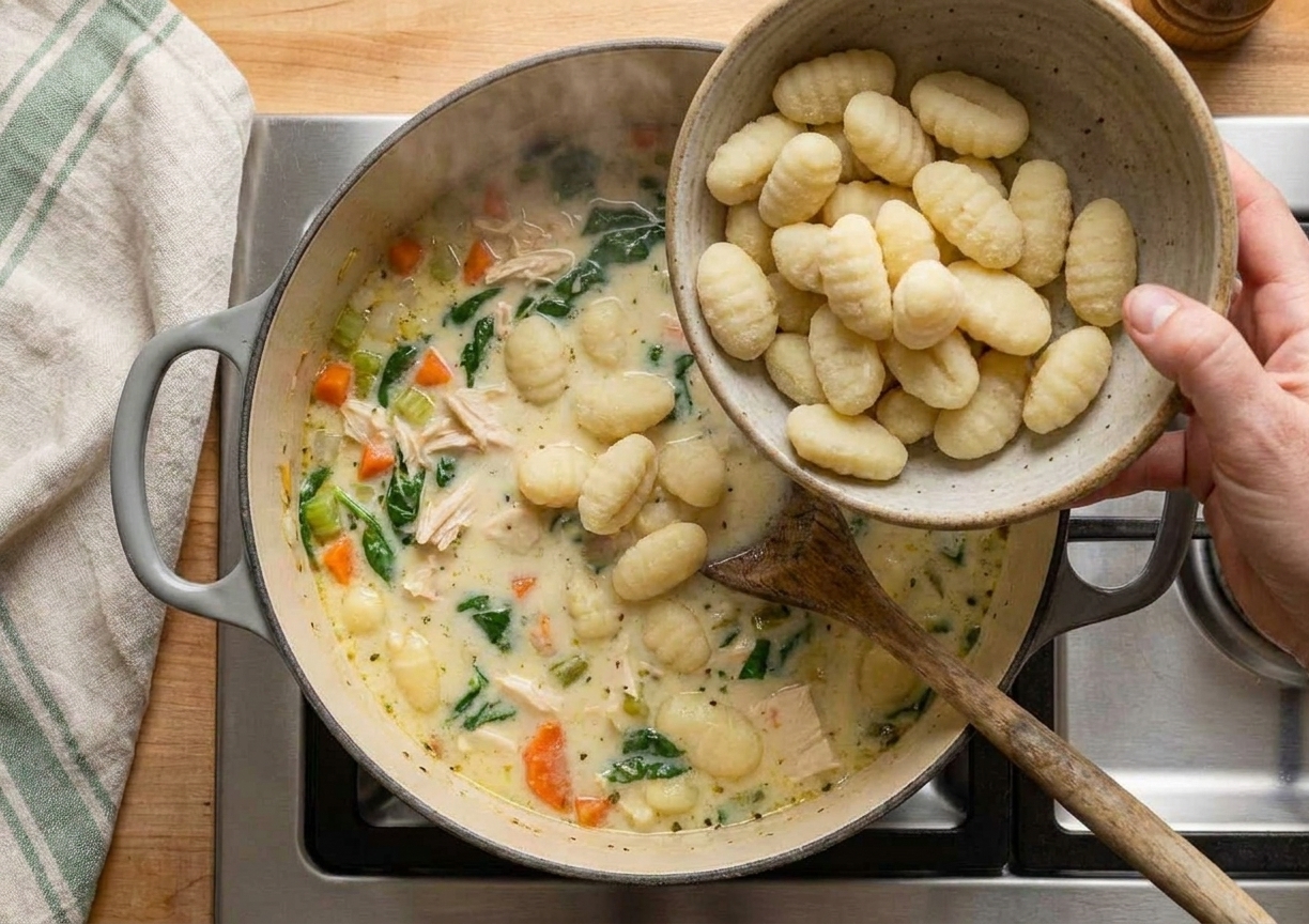 Potato gnocchi being poured into a pot of chicken soup on a stovetop