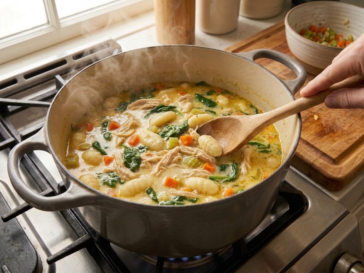 Potato gnocchi being stirred into a pot of soup as it begins to simmer