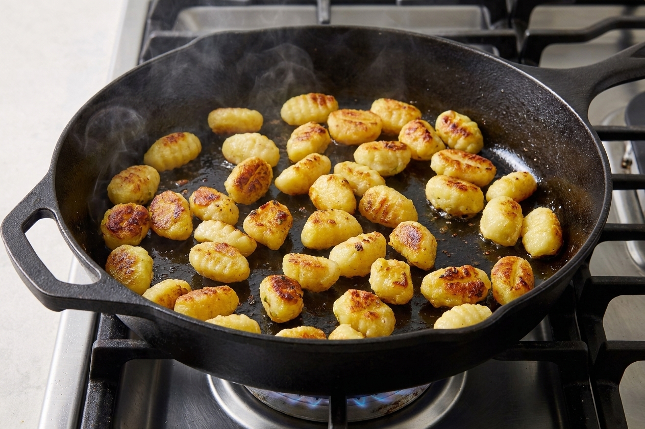 Potato gnocchi browning in a lightly oiled large skillet with many pieces turning golden and crisp on a home stove