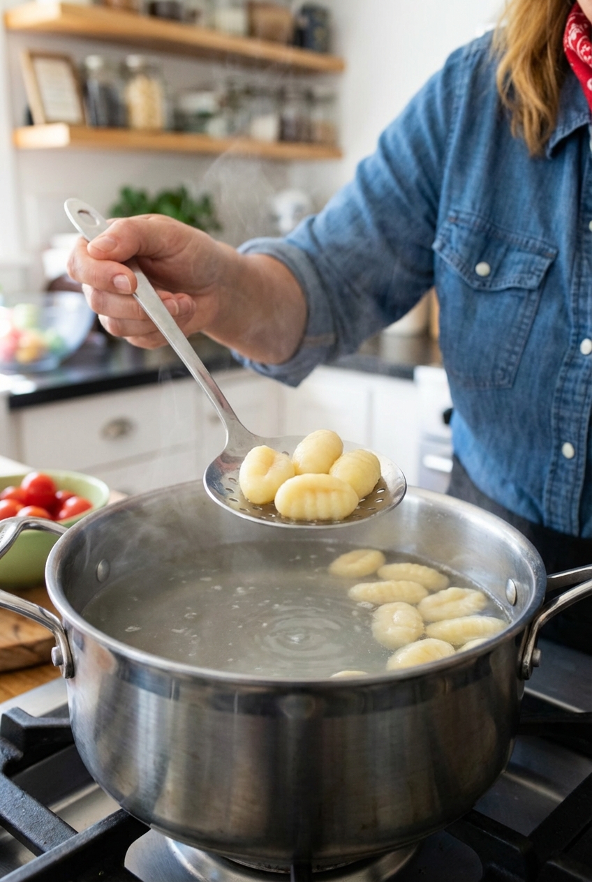 Potato gnocchi floating in a pot of gently simmering water with a slotted spoon lifting a few pieces