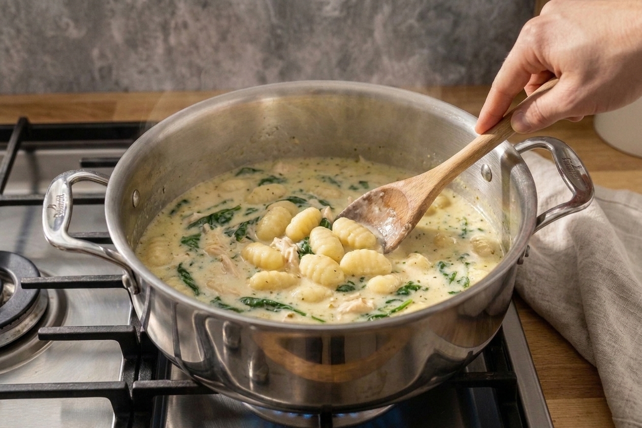 Potato gnocchi simmering in a creamy broth inside a soup pot, with a wooden spoon stirring