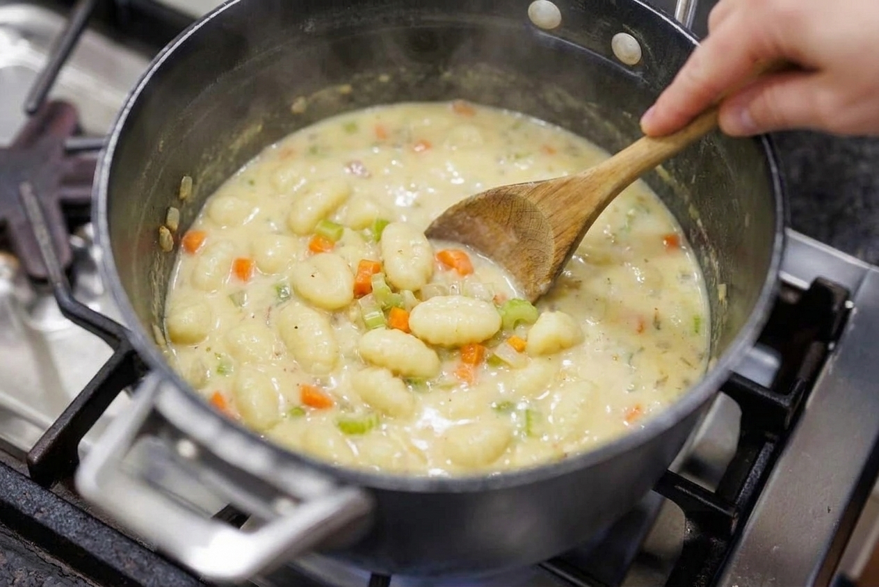 Potato gnocchi simmering in a creamy soup base in a pot, with a wooden spoon stirring