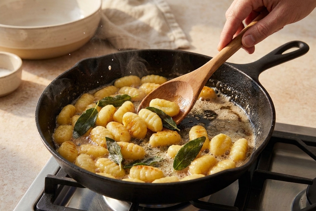 Potato gnocchi sizzling in a skillet with browned butter and a few crisp sage leaves, spoon stirring