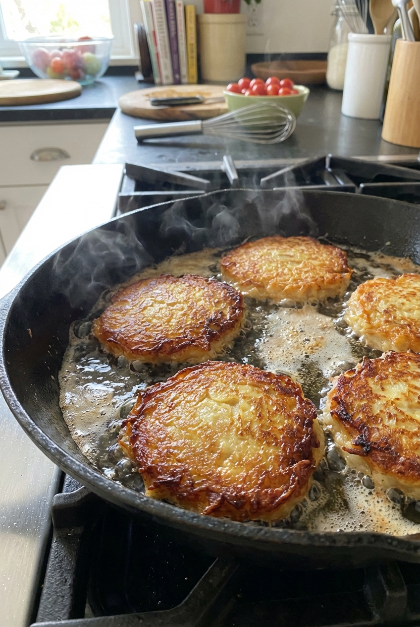 Potato pancakes frying in a skillet with bubbling oil and crisp browned edges