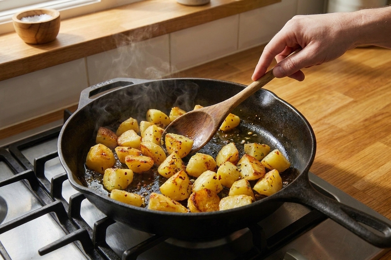 Potato pieces browning in a large skillet with olive oil, showing golden crisp edges as they cook on a stovetop