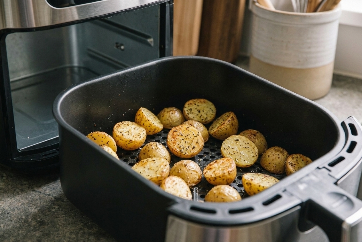 Potato pieces cooking in an air fryer basket, lightly browned and spaced in a single layer