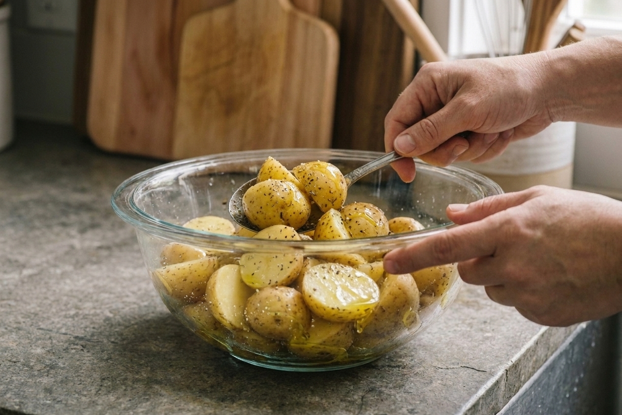 Potato pieces in a mixing bowl being tossed with spices and olive oil using a spoon