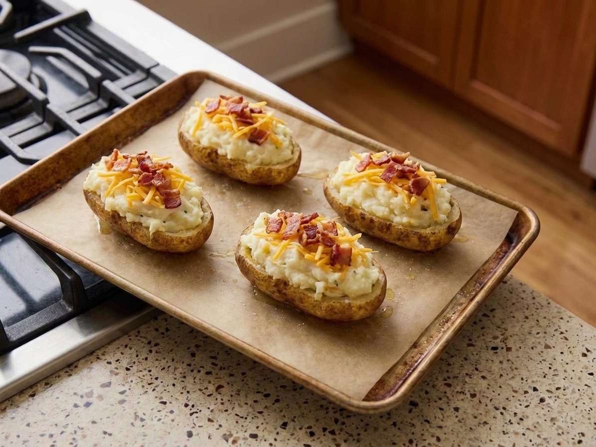 Potato skins filled with creamy mashed potato mixture and topped with shredded cheddar and bacon on a sheet pan